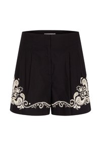 Pantalones cortos negros de talle alto con piernas anchas con bordado floral blanco intrincado a lo largo de los bordes inferiores en ambos lados.
