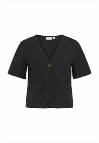 Svart kortärmad blus med V-ringning, knappstängning och två framfickor. Tillverkad av texturerat tyg, har en avslappnad passform.