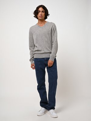 Maglione grigio lavorato a maglia con scollatura a V, abbinato a jeans blu scuro. Il modello indossa sneakers bianche. Texture morbida, design minimalista e vestibilità classica.