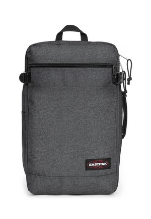 Zaino in tessuto grigio con forma rettangolare, tasca frontale con zip, manico laterale e patch del marchio Eastpak. Materiale testurizzato con accenti minimi.