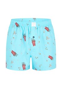 Pantalones cortos azules con un patrón de palomitas de maíz, que presentan recipientes de palomitas en rayas rojas y granos de palomitas voladores, cinturilla elástica y un botón.