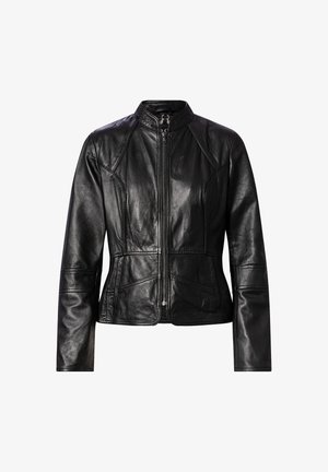 Zwarte leren jas met een ritssluiting aan de voorkant, hoge kraag, gestructureerde schouders en een aansluitend ontwerp. Kenmerkt zich door opvallende naden en een gladde textuur.