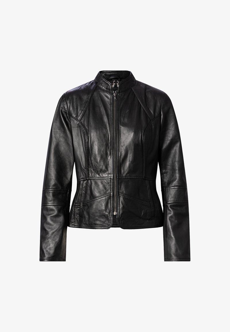 Zwarte leren jas met een ritssluiting aan de voorkant, hoge kraag, gestructureerde schouders en een aansluitend ontwerp. Kenmerkt zich door opvallende naden en een gladde textuur.