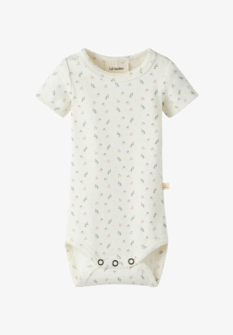Body pour bébé côtelé de couleur crème avec manches courtes, petit imprimé floral rose, et boutons-pression en bas pour faciliter le changement de couche.