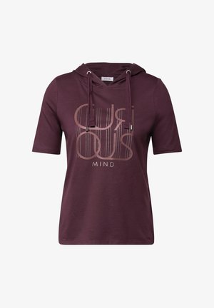 Maroonowa bluza z kapturem, krótkim rękawem i sznurkami. Posiada graficzny nadruk z napisem "CIEKAWY UMYSŁ" w odcieniach beżu i białego. Miękka tekstura materiału.