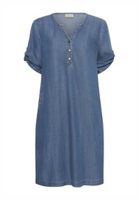 Denimkjole med korte oppbrettede ermer, knappestolpe, V-hals og sidelommer. Myk tekstur i en lys blå farge med diskrete sømmer.
