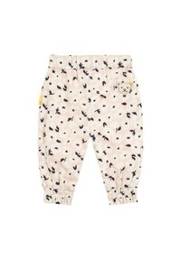 Pantalons rose clair à motif floral avec taille élastique et poignets froncés. Présente une petite patch en forme d'ours à l'avant. Tissu à texture douce.