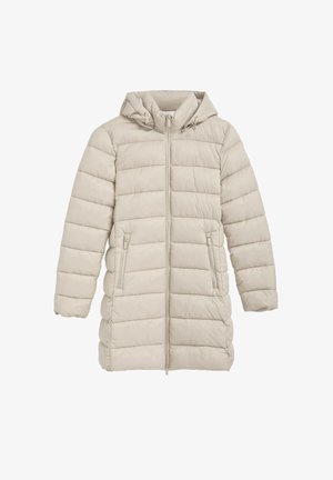 Beige puffer coat with a hood, featuring a front zipper, vertical quilted texture, and two zippered side pockets. Smooth fabric.
