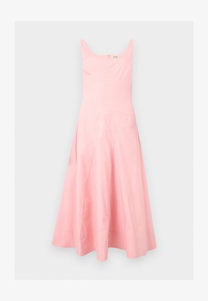 Hele roosa varrukateta midi-kleit ruudukujulise kaelusega ja lehvivate seelikuosadega, esitatud neutraalsel taustal.