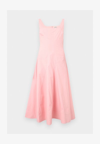 Ανοιχτό ροζ μίντι φόρεμα χωρίς μανίκια με τετράγωνη λαιμόκοψη και φούστα που φουντώνει, εμφανιζόμενο σε ουδέτερο φόντο.