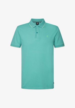 Türkise Polohemden aus Baumwolle mit zwei Knöpfen, einem Kragen und kontrastierendem grünen Besatz am Kragen und an den Ärmeln. Mit einem Logo auf der Brust.