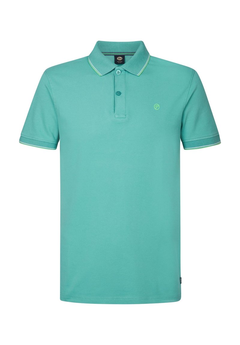 Turkusowa koszulka polo wykonana z bawełny, z dwoma guzikami, kołnierzykiem i kontrastowym zielonym wykończeniem przy kołnierzyku i rękawach. Zawiera logo na piersi.