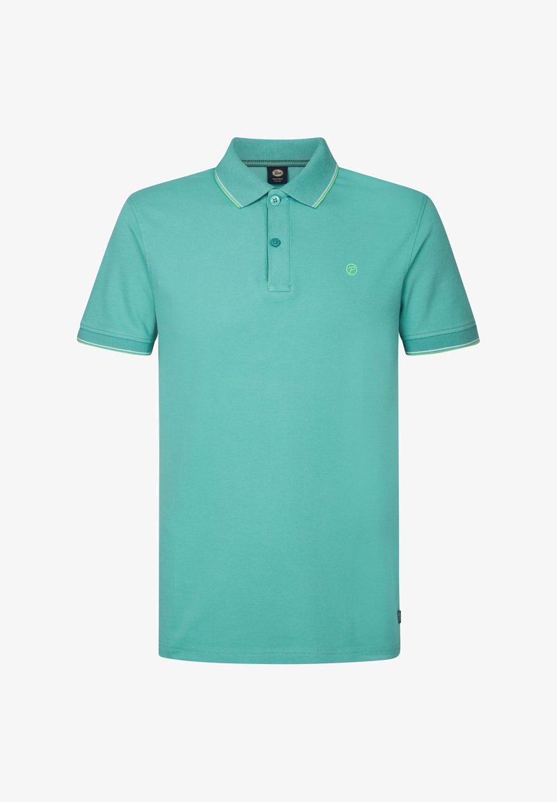 Turkusowa koszulka polo wykonana z bawełny, z dwoma guzikami, kołnierzykiem i kontrastowym zielonym wykończeniem przy kołnierzyku i rękawach. Zawiera logo na piersi.
