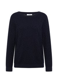 Sweat-shirt bleu marine foncé avec une texture discrète en imprimé léopard, encolure ronde et manches longues. Présente des poignets et un ourlet côtelés.
