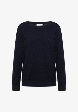 Sweat-shirt bleu marine foncé avec une texture discrète en imprimé léopard, encolure ronde et manches longues. Présente des poignets et un ourlet côtelés.