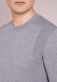Grauer Strickpullover mit Rundhalsausschnitt, strukturierten Schulterakzenten und glatter Körpertextur. Ideal für legere Anlässe.