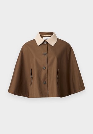 Manteau cape marron avec col en velours côtelé beige, quatre boutons sur le devant et deux poches latérales verticales, présenté sur un fond blanc.