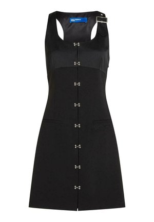 Robe noire sans manches en ligne A avec des fermoirs décoratifs argentés sur le devant, une lanière à boucle au niveau de l'encolure et des détails du logo Karl Lagerfeld Jeans.