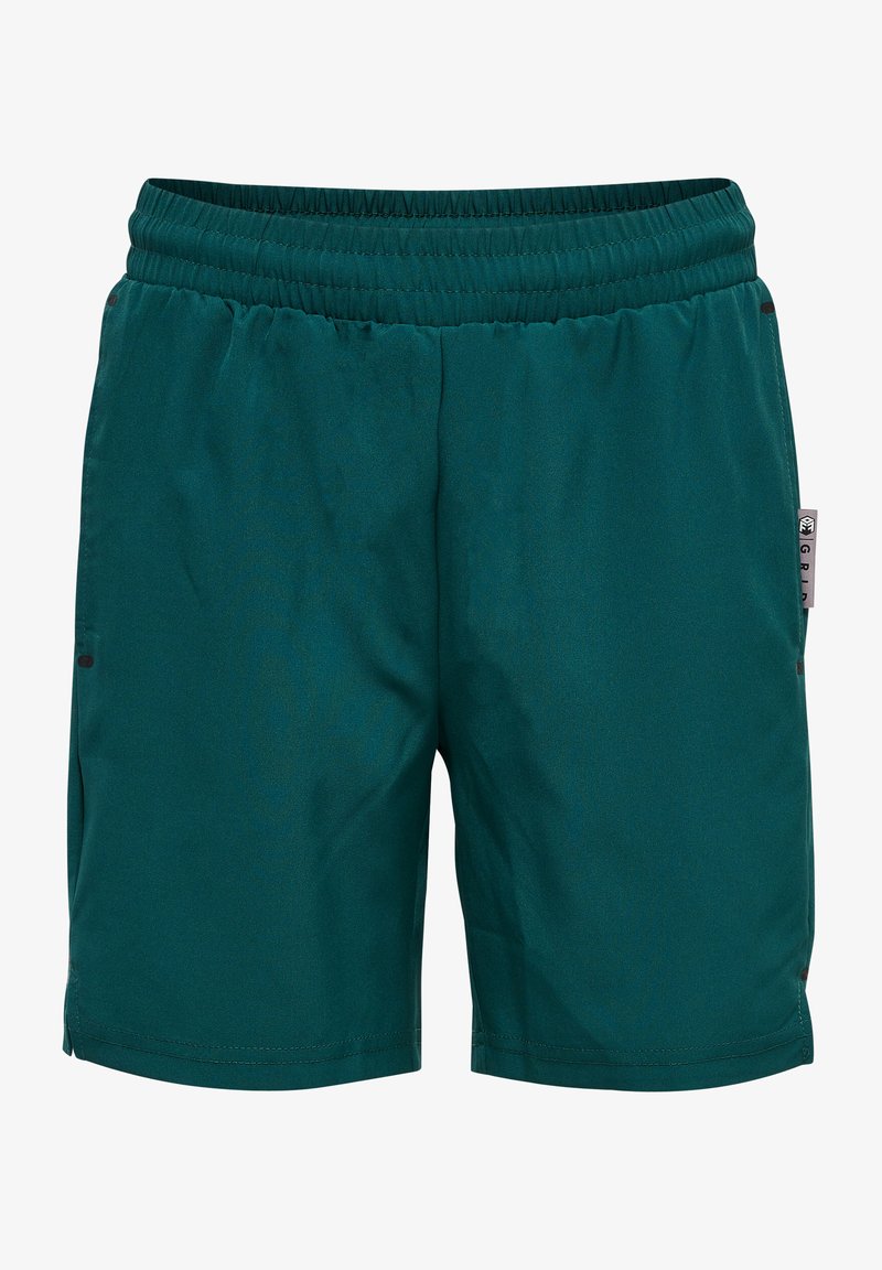 Turkosa badshorts med elastisk midja, sidofickor och en logotags på fållen. Slät, lättviktig tyg med en något reflekterande yta.
