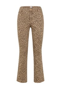 Flared pantalons met luipaardprint, gemaakt van textuurstof, met een beige basis en donkerbruine vlekken, ritssluiting en voorzakken.