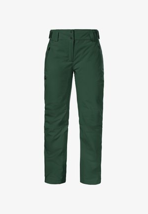 Grüne Outdoor-Hosen aus wasserabweisendem Material. Merkmale sind ein Bund mit Gürtelschlaufen, zwei seitliche Reißverschluss-Taschen und ein gerader Bein-Schnitt.