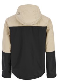 Huppari, jonka yläosa on beige ja alaosa musta. Kevyt, vedenkestävä materiaali. Varustettu joustavilla hihoilla ja logolla hupussa.