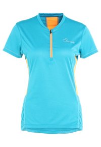 Tyrkysové sportovní tričko s čtvrtinovým zipem, oranžovými akcenty po stranách, krátkými rukávy a hladkým, lehkým materiálem.