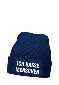 Navy blue knitted beanie with a folded cuff, featuring a rectangular patch that reads "ICH HASSE MENSCHEN" in bold white letters.