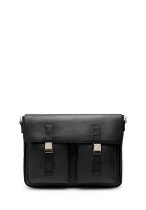 Black leather messenger bag with two front flap pockets secured by metal buckle straps against a white background.
