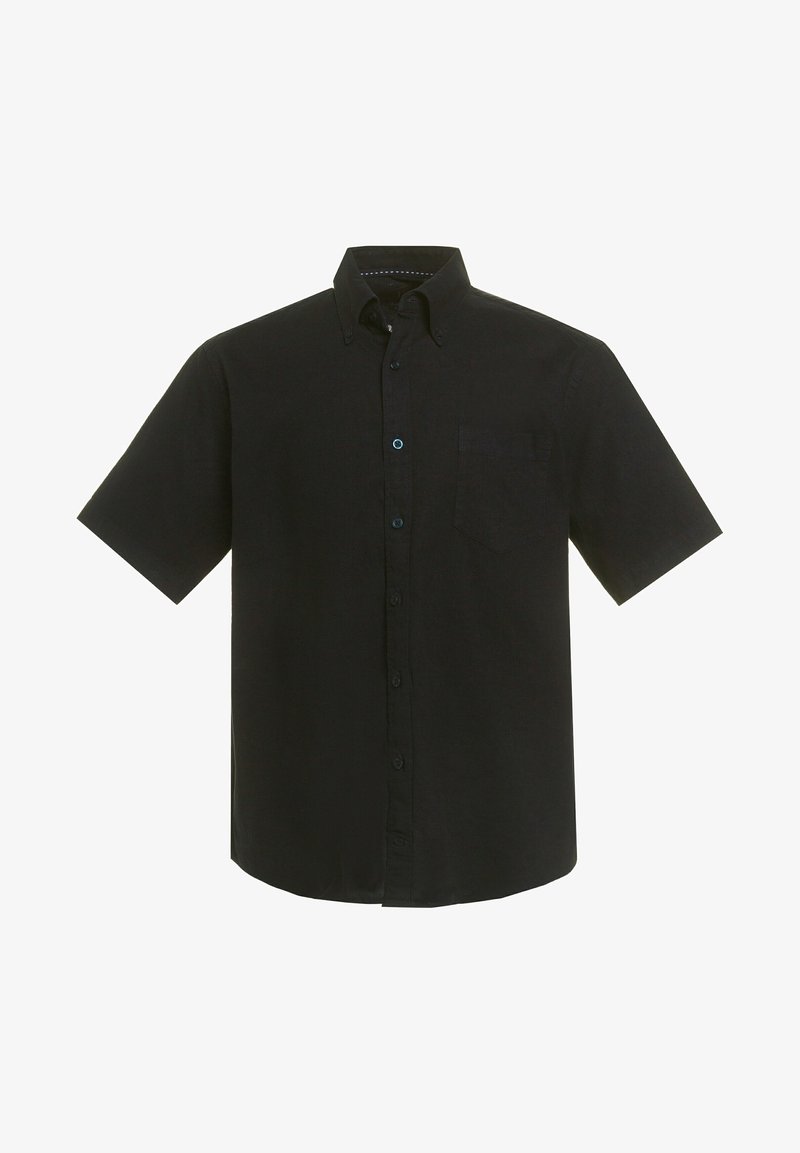 Zwart shirt met korte mouwen van een gladde stof, voorzien van een knoopsluiting aan de voorkant, een kraag en een enkele borstzak met een subtiele textuur.