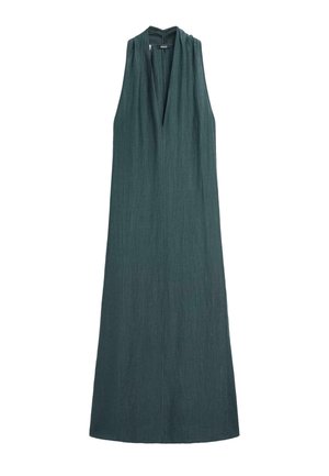Tmavě zelené midi šaty bez rukávů s výstřihem do V, volným střihem a jemnou texturou látky, zobrazené na rovném bílém pozadí.