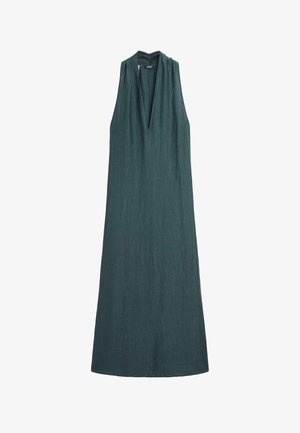 Tmavě zelené midi šaty bez rukávů s výstřihem do V, volným střihem a jemnou texturou látky, zobrazené na rovném bílém pozadí.
