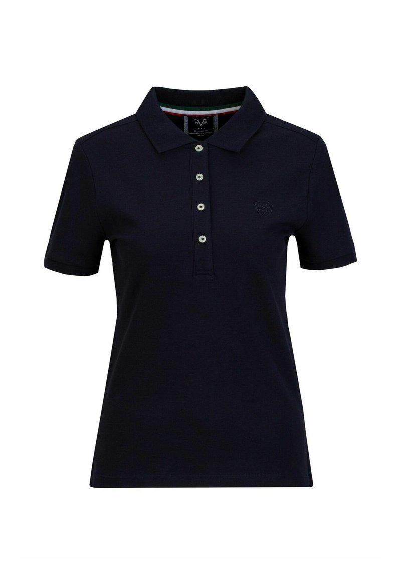 Marineblauwe polo met korte mouwen, knoopsluiting en een subtiele logodetail. Gemaakt van een katoenen stofmix, met een klassieke kraag.