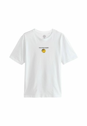 Weißes Baumwoll-T-Shirt mit Rundhalsausschnitt, kurzen Ärmeln und einem Frontdruck eines gelben Kreises mit schwarzem Text "THE STONE ROSES."