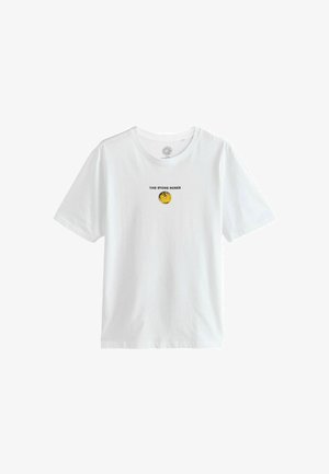 Fehér pamut póló kerek nyakkal, rövid ujjakkal, elől egy sárga kör grafika látható fekete "THE STONE ROSES" felirattal.