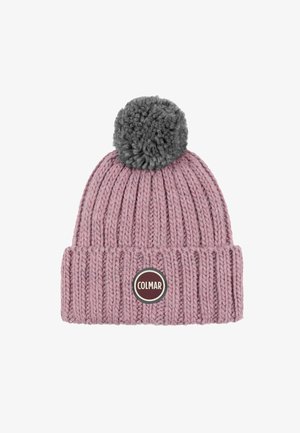 Gestrickte rosa Mütze mit umgeschlagenem Rand, die einen grauen Pompon oben und ein kreisförmiges Colmar-Logo auf der Vorderseite hat.