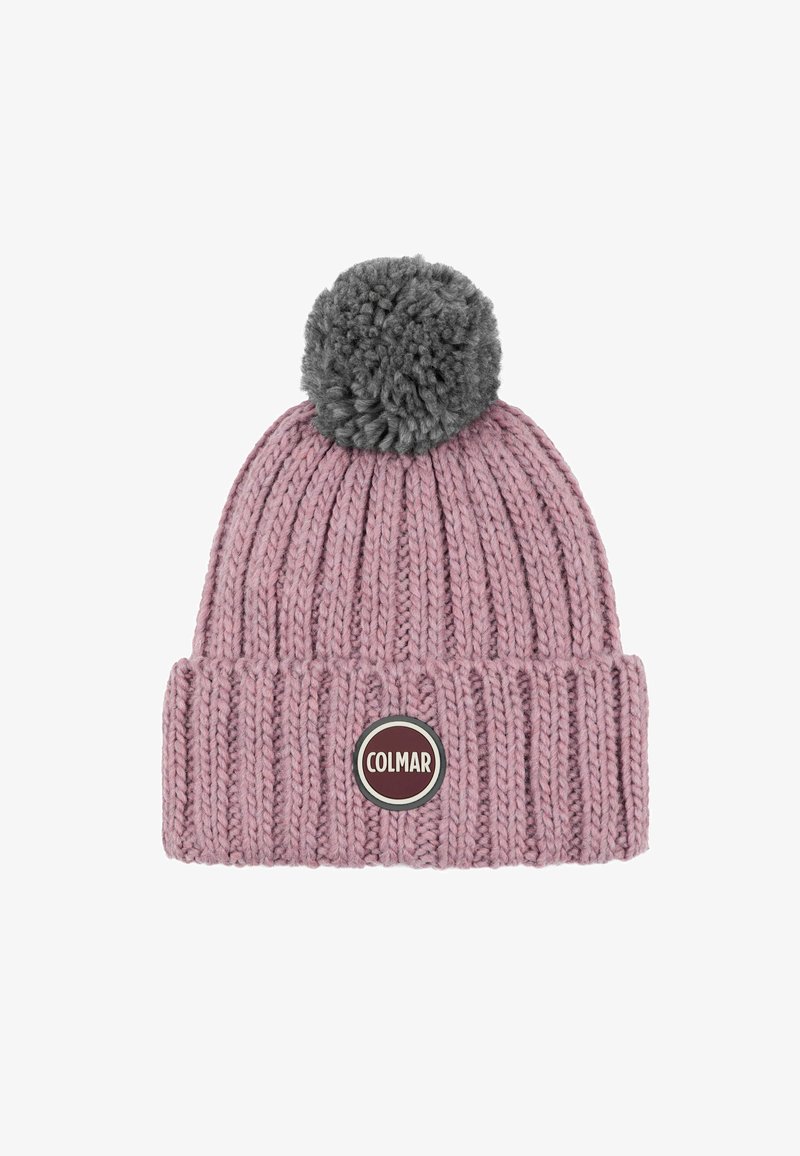 Rausvas megztas kepurė su sulenkta kraštine, ant viršaus esantis pilkas pom-pom ir apvalus Colmar logotipas priekyje.