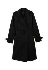 Manteau noir en tissu lisse, avec un devant à double boutonnage, un large col, une taille ceinturée et des sangles de poignet réglables.