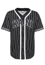 Karl Kani Maillot Baseball Serif Pinstripe Jersey - 100% Coton, Coupe Droite, Manches Courtes, Style Streetwear Urbain