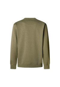 Sweatshirt à manches longues vert olive avec col ras du cou, poignets et ourlet côtelés, présenté de dos sur un fond blanc.