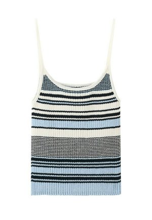 Brezrokavnik iz pletenine s tankimi naramnicami, ki ima vodoravne črte v črni, beli in svetlo modri barvi.