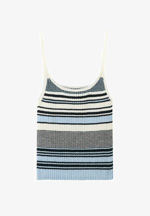 Maieu tricotat fără mâneci cu bretele subțiri, cu dungi orizontale în modele de negru, alb și bleu deschis.