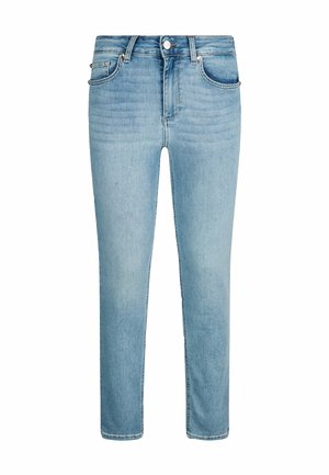 Lichtblauwe denim jeans met een slim fit, voorzien van vijf zakken, een knoopsluiting en subtiele vervaging op de stof voor textuur.