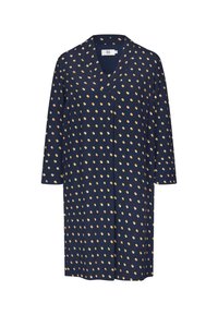 Navy-Robe mit V-Ausschnitt, Dreiviertelärmeln und einem Pünktchenmuster in Hellgold. Hergestellt aus einem weichen, leichten Stoff.
