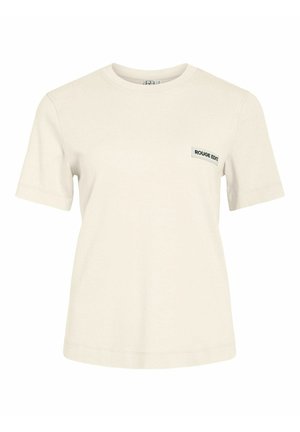 Cremefarbenes T-Shirt mit kurzen Ärmeln, rundem Ausschnitt und kleinem schwarzen "ROUGE EDIT"-Schriftzug auf der linken Brustseite.