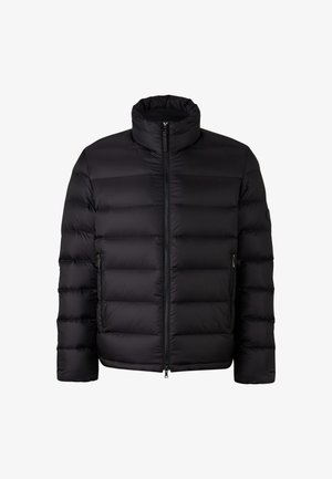 Black puffer jacket with a high collar, horizontal quilted pattern, front zipper, and two zippered side pockets. Smooth texture.