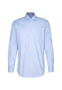 Camicia azzurra a maniche lunghe con colletto a punta, taschino sul petto e colletto interno fantasia. Realizzata in tessuto di cotone.