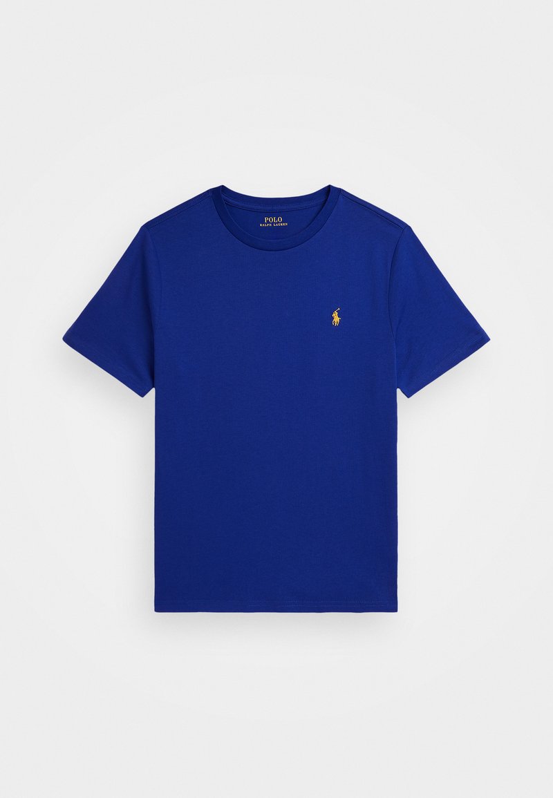 T-shirt azul real feito de algodão, com decote redondo e mangas curtas. Pequeno logótipo bordado em dourado na área do peito esquerdo.