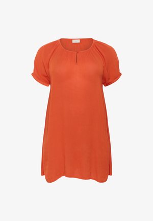 Trumpa oranžinė suknelė su trumpomis pūstomis rankovėmis, apvali iškirptė ir mygtuko detalė priekyje. Pagaminta iš lengvos, glotnios medžiagos.