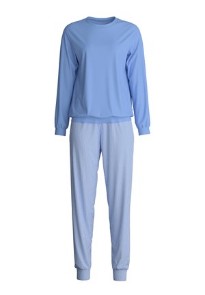 Blauw langärmige top met een ronde halslijn en bijpassende gestreepte pyjamabroek. Zachte stof, ontspannen pasvorm, geribbelde manchetten en tailleband.